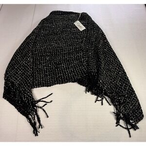 Eyefull‎ black knit triangle shawl scarf with fringe, lightweight acrylic wrap